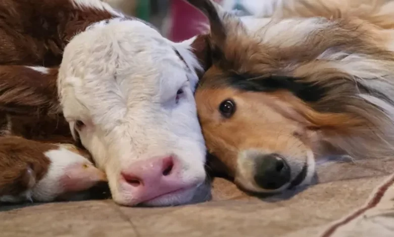 Abraços em Temperaturas Congelantes: Bezerro Recém-nascido e Collie Tornam-se Melhores Amigos Abraços em Temperaturas Congelantes: Bezerro Recém-nascido e Collie Tornam-se Melhores Amigos