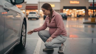 Eu estava no oitavo mês quando meu marido me deixou com um pneu furado na chuva — e ficou pálido ao ver quem chegou em seu lugar